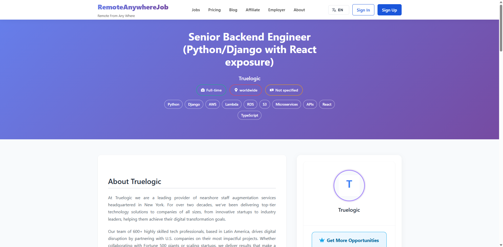 RemoteAnywhereJob job detail page - Senior Backend Engineer position at Truelogic with Python, Django, and React skills required