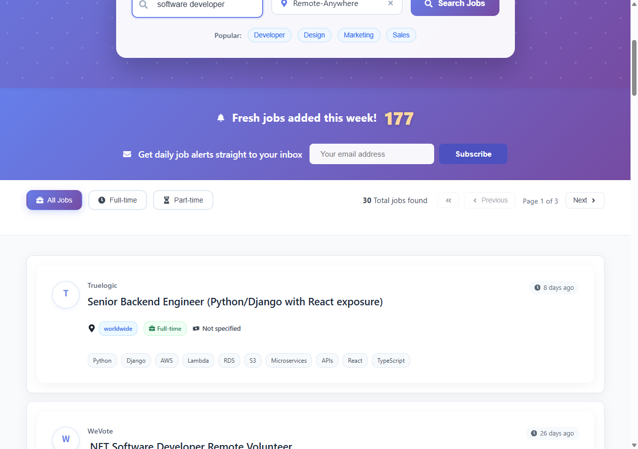 RemoteAnywhereJob search results for software developer jobs - Filter by job type, skills, and experience